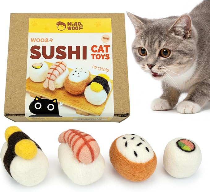 Woolbuddy Wool Cat Toys (Sushi 4 PCS) for Indoor Cats & Kittens Catnip-Free | 100% Pure Wool Felt Interactive Cat Toys, Catnip-Free for Bored Cats, Teething Kittens, Redirect Cat's Destructive Energy