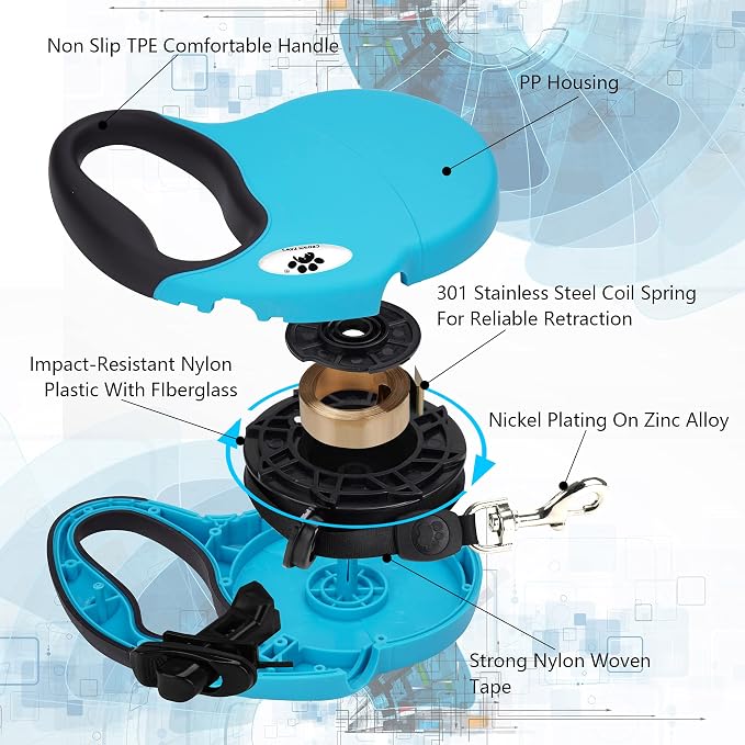 16 ft Retractable Dog Leash for Large Dogs up to 44 lbs,Tangle-Free Nylon Tape,Blue M