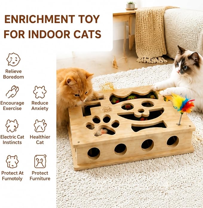 Interactive Cat Puzzle Toy, Wooden Enrichment Box for Indoor Cats | Keep indoor cats active, curious, and engaged with a wooden puzzle toy that encourages play and natural scratching.