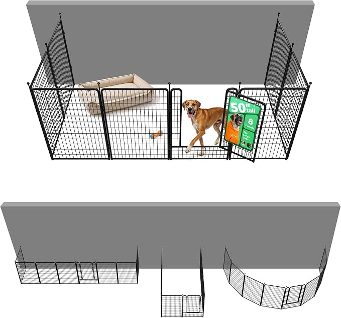 FXW Rollick Dog Playpen Wall Connection Set for Indoor and Yard, 50 Inch 8 Panels for Large Dogs with 4 Fence-to-Wall Anchors, Black | Patented