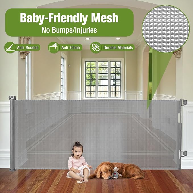 65" Wide Retractable Gate Stair Gates for Kids or Pets, Indoor/Outdoor/Gray | Retractable Dog Gate for Doorways/Stairs, Easy One-Hand Operation Safety Lock, Scratch-Resistant Mesh Baby Gate, Easy Install