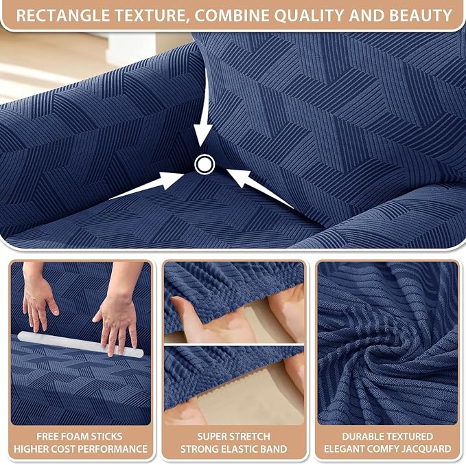 ZNSAYOTX Stretch Oversized Couch Covers for 3 Cushion Couch, 1-Piece Extra Large Sofa Cover Slipcover, Furniture Protector with Elastic Bottom Geometrical Jacquard Fabric (X-Large, Navy Blue)
