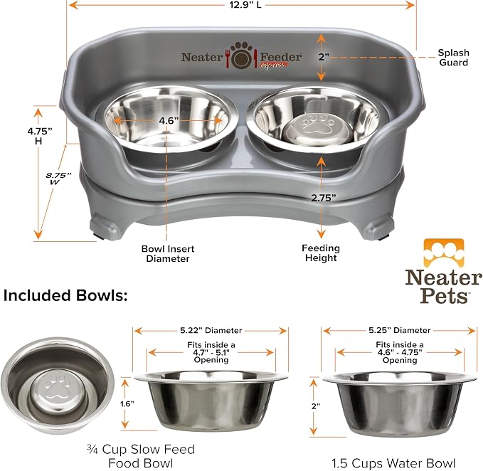 Neater Feeder Express Mess Proof Dog Bowls Elevated for Small Breed – Made in USA – No Spill Raised Slow Feeder Elevated Dog Bowl Stand, Stainless Steel Food and Water Bowl Set, Grey