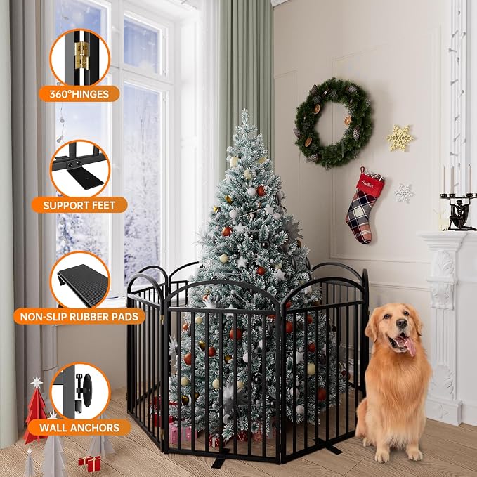 SNUOWU 8 Panels Full Matel Freestanding Dog Gates with Door, 192"Extra Wide 32"Tall Free Standing Dog Pet Gate for Indoor & Outdoor. Foldable Pet Fences for Doorways, House, Stairs, Porch, Deck, Yard