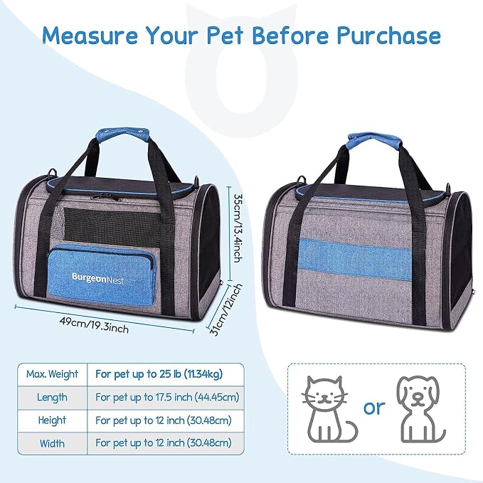 BurgeonNest Cat Carrier for Large Cats 20 lbs, Soft-Sided Pet Carrier for Small Dogs Medium Puppy Under 25 lbs, Puppy Travel Bag with Big Storage Bag, 4 Ventilated Windows, 3 Doors | Large soft sided cat carrier with top loading access, mesh windows an...