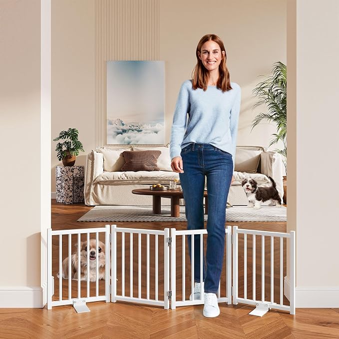 Snughome Short Dog Gate Indoor, 16" High Freestanding Small Dog Door Gates with Support Feet, Expands Up to 48’’ Wide Foldable Pet Gate for Doorway, 4 Panel Folding Pet Door Pet Fence for Puppy, White