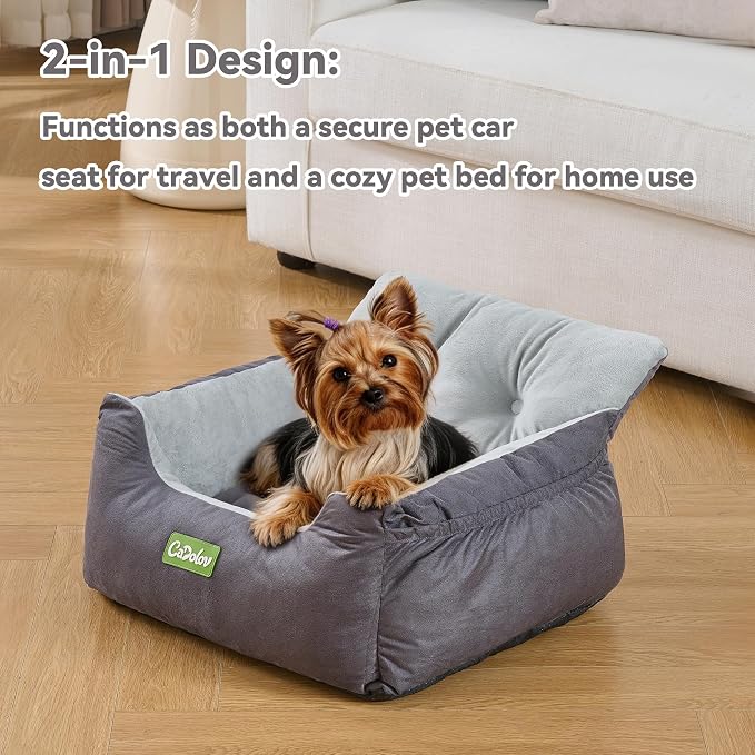 Dog Car Seat with Safety Clip & Pockets for Small Dogs | up to 25lbs, Soft Comfy Pet Carseat, Fully Washable Travel Dog Car Bed, with Detachable Cushion