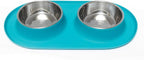 Messy Mutts Double Silicone Dog Feeder, Stainless Bowls, Medium, Blue | Non-Slip Silicone Double Dog Feeder With Two Removable Stainless Steel Bowls For Food And Water