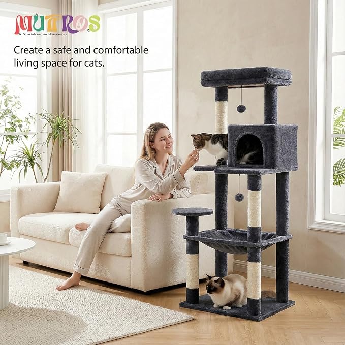 MUTTROS Cat Tree for Large Cats with Metal Plush Big Hammock, 56.3" Cat Tower for Indoor Cats with 2 Door Condo House, 6-Tier Cat Shelves with Scratching Posts and Large Top Perch, Dark Gray | 6-tier shelves, Metal plush hammock, 2-door condo house, Si...