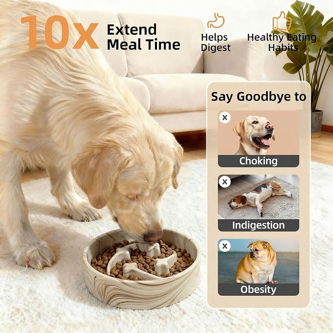 Stoneware Slow Feeder Dog Bowls Small Breed, 0.6 Cups, 6.4 Inch | Raised maze design slows fast eating for small dogs, puppies and cats; Marble Pattern Design，non-slip and dishwasher safe.