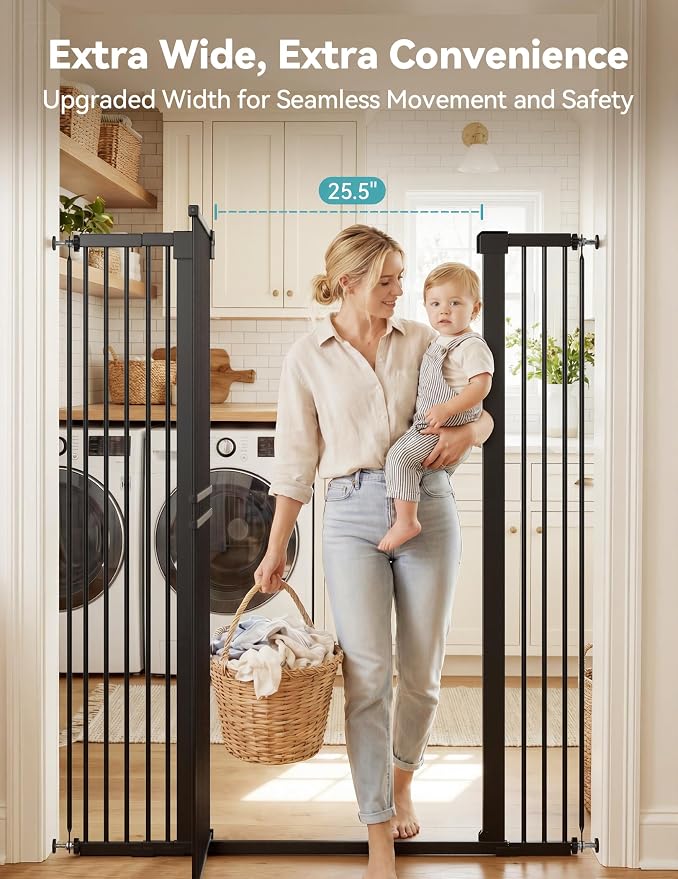 No Pawblems 55" Extra Tall Pet Gate, 31.5"-48" Wide Tall Dog Gate, Black | No Drilling Pressure Mounted, 1.37" Bar Spacing, 25.6" Walk-Thru Opening, Auto Close, One-Hand Operation, Dual Lock Design
