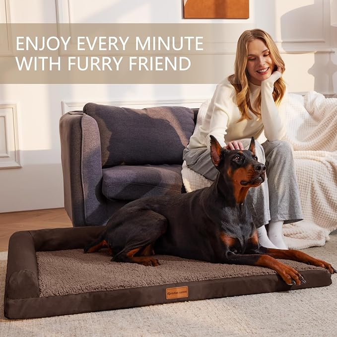 Patas Lague Orthopedic Extra Large Dog Bed Pet Sofa Beds 56''X40''Brown | L Bolster Egg-Crate Foam Dog Couch For Large Sized Dogs, Waterproof Removable Washable Cover, Pet Mat with Nonskid Bottom