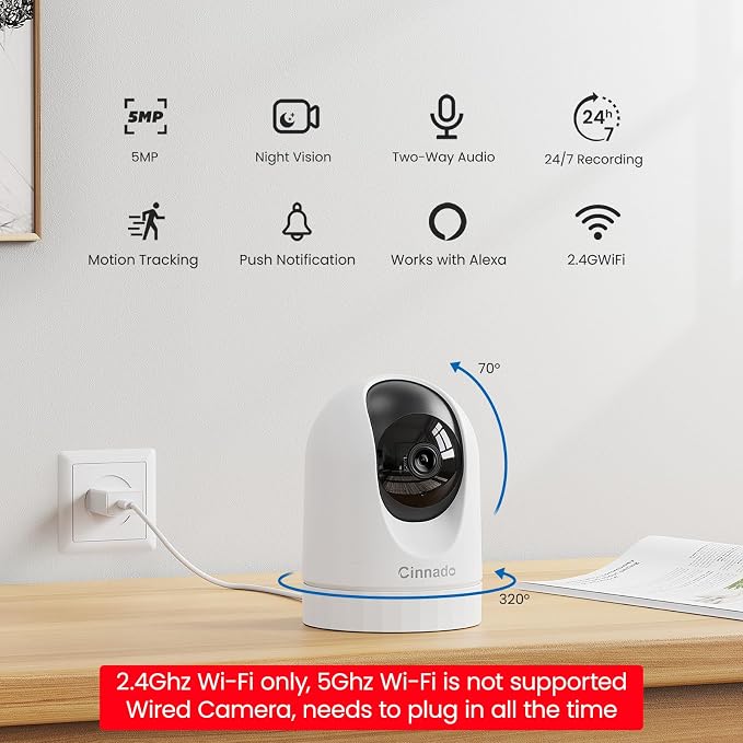 Cinnado 2K Security Camera Indoor for Pet/Dog/Baby with Phone App, D1 1Pack | 360° 2.4Ghz Wi-Fi Cam as Elderly/Baby Monitor, 2-Way Audio, Night Vision, 24/7 SD Card Storage, Alexa & Google Compatible