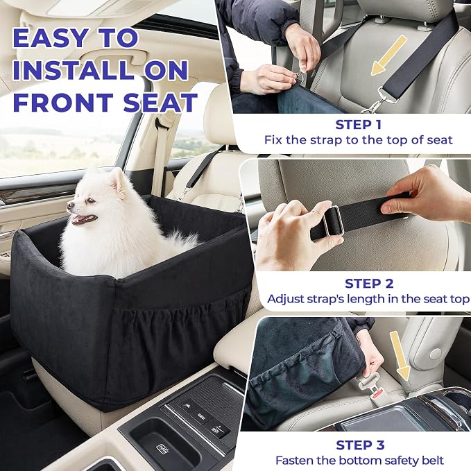 BurgeonNest Small Dog Car Booster Seat Bed Under 25 lbs (Black) | Fully detachable & washable travel bed with side storage pockets and clip-on safety leash for cozy, portable car trips.