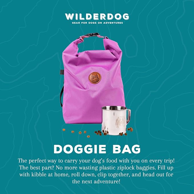 Wilderdog Doggie Bag - Water Resistant, Portable Kibble Carrier & Stainless Steel Mug - Lilac
