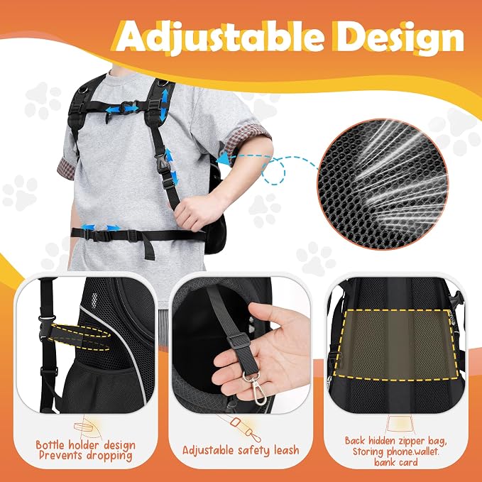 WOYYHO Pet Dog Carrier Backpack with Windows, Ventilated Small Dog Backpack | Breathable Top & Side Windows, Safety Belt, Storage Pockets, Small Dog Front Backpack, for Travel Hiking Outdoor, Black2.0, M