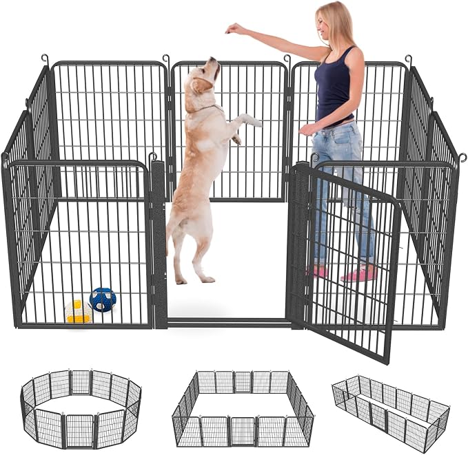 Dog Playpen Outdoor with Low Threshold Gate, 32 inch 10 Panels Dog Play Pen Indoors, Heavy Duty Metal Puppy Playpen Dogs Pen, Rust-Resistant Pet Playpens for Yard RV Camping