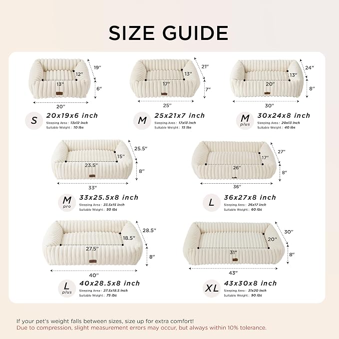 Bedsure ComfyFleece™ Cute Dog Bed Medium Large Size Dog Washable，33in Cream | Furry Big Pet Beds,Square Rectangle Orthopedic Corduroy Aesthetic,Removable Zipper Cover,Non-Slip Bottom,Up To 50 Lbs