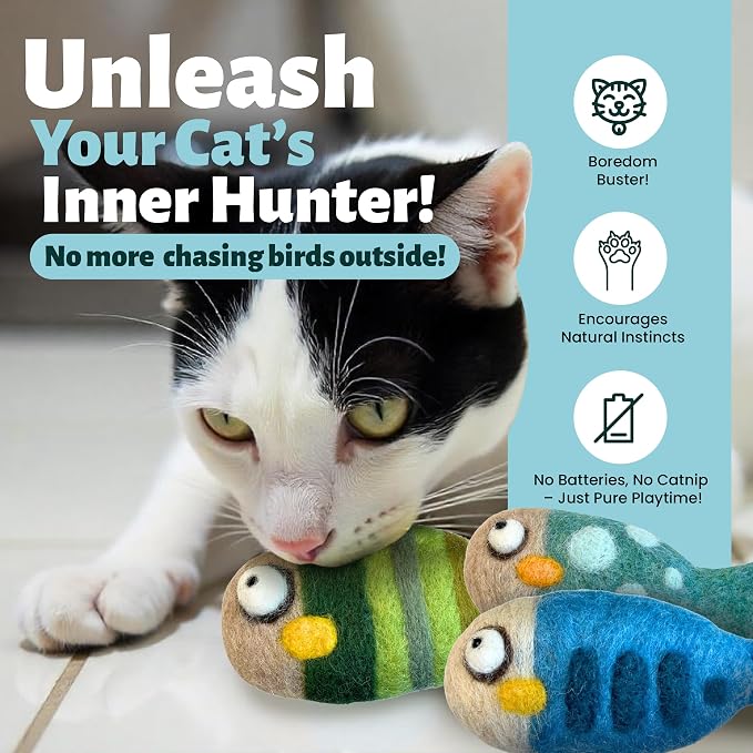Woolbuddy Wool Cat Toys (Fish 3 PCS) Catnip-Free Kick Toys for Cats Kittens | 100% Pure Wool Felt Interactive Cat Toys, Catnip-Free for Bored Cats, Teething Kittens, Redirect Cat's Destructive Energy