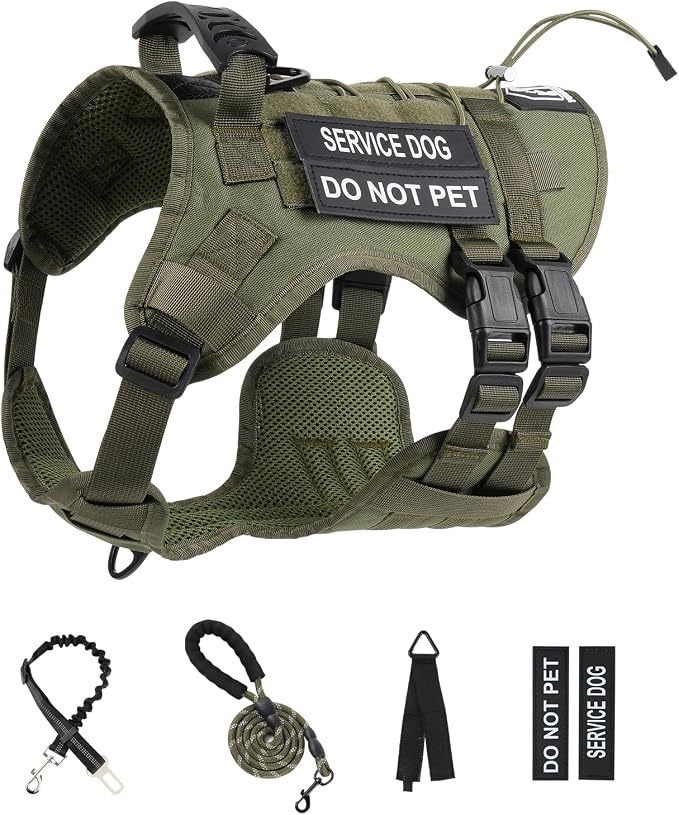 No Pull Tactical Dog Harness for Large Dogs, Service Dog Vest, L, Green | Tactical Dog Vest Harness and Leash Set, Adjustable Military Service Dog Harness with Handle for Medium Large Dogs