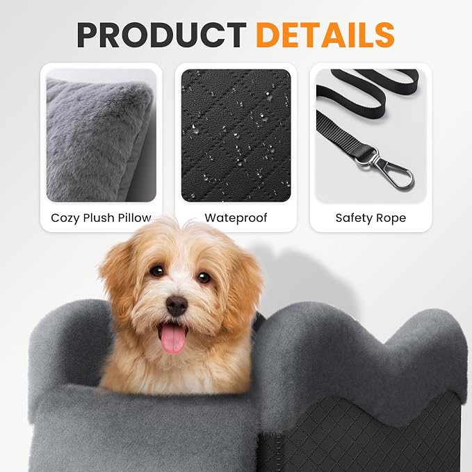 Portable Small Dog Seat for Car, Luxury Center Console Dog Car Seat Booster with Safety Tethers, Anti-Collapse Pet Travel Carseat for SUV, Truck (Black/Grey)