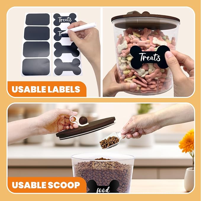 HOYTAMDAR 2 Pack Airtight Dog Treat Containers Bamboo Lids, Dog Treat Jars | Dog Food Storage Container with Scoops, Clamps, Labels and Marker, Dog & Cat Treat Holder