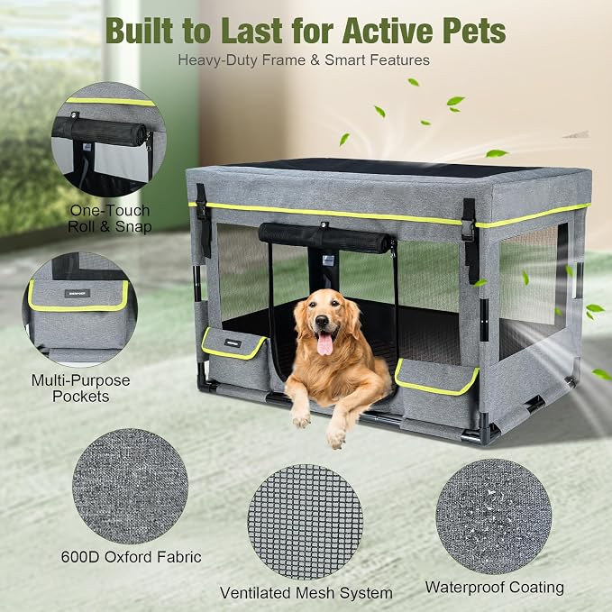 Durable Dog Playpen with Iron Frame, Heavy-Duty Pet Tent with Waterproof Base & Mesh Sides for Indoor Outdoor Use, Grey