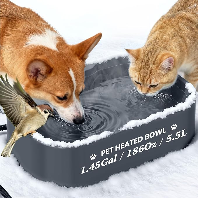 1.45 Gal/5.5L Heated Water Bowl, Extra Large Heated Dog Bowls for Outside, Safety Listed Heated Pet Bowl with Anti-Chew Cord for Dog & Cat Drinking Water in Winter, BPA-Free, Anti-Slip Base(Grey)