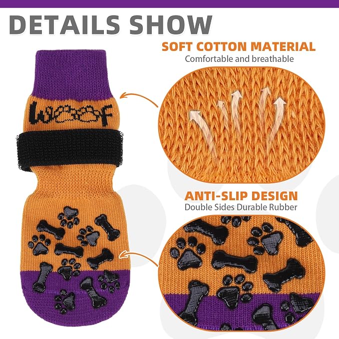 KOOLTAIL Anti Slip Halloween Dog Socks to Prevent Licking Paws, Dog Costume Boots&Paw Protector with Grippers for Hardwood Floors, Warm Winter Traction Control Booties for Small Medium Large Dogs, S