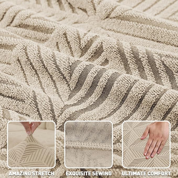 ZNSAYOTX Stretch Couch Cover, 1 Piece Sofa Covers for 2 Cushion Couch, Jacquard Loveseat Slipcovers with Elastic Bottom Thickened Furniture Protector for Dog Cat Pet (Medium, Khaki)