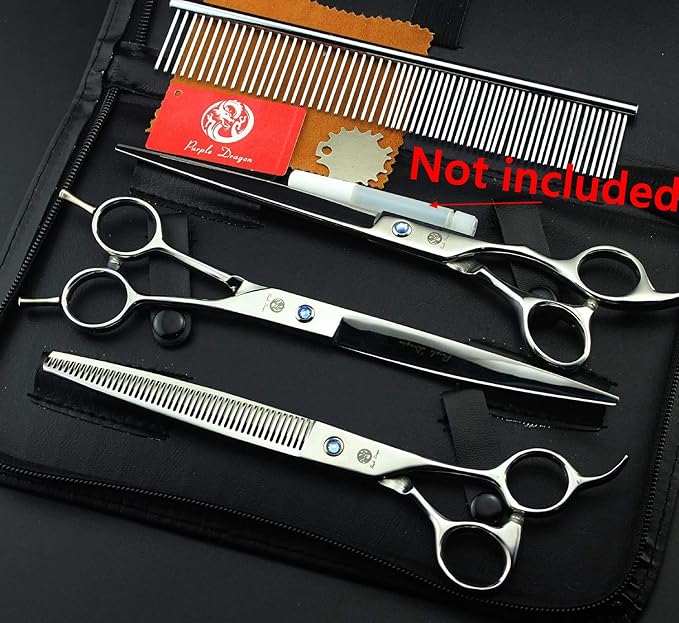 Purple Dragon 8.0 in Dog Grooming Scissors Set with Anti-Shock Bag - Silver | Japanese 440C Steel Pet Grooming Shears, Comfortable Grip, Includes Curved, Straight & Thinning Scissors with Silencer