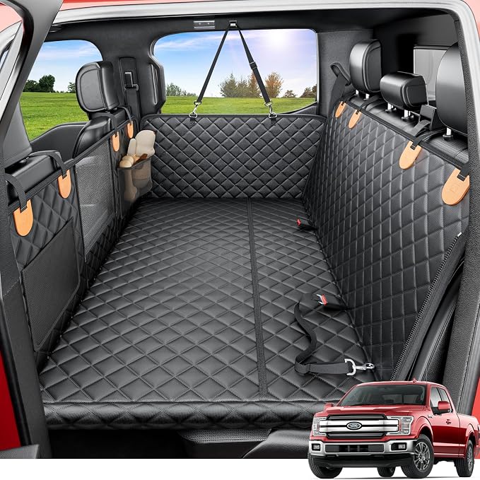 REEVAA Dog Truck Seat Cover for Back Seat, Hard Bottom, XL, Black+Orange | 450 lbs Extender, 45% More Space for 2-4 Large Dogs, Waterproof, Zippered Mesh Window, Fits Crew Cab Trucks & Large SUVs