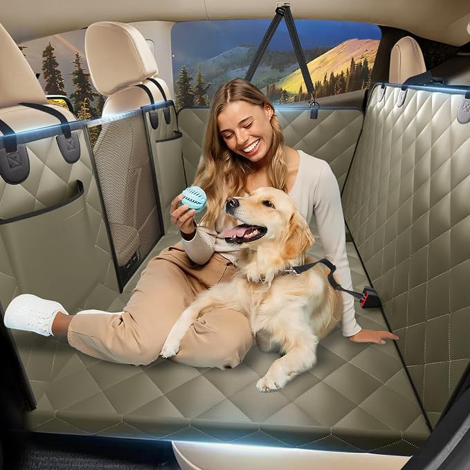 Btefd Back Seat Extender for Dogs, Hard Bottom Dog Hammock for Car & SUV | Dog Seat Cover Supports 420lbs, 45% More Space, Waterproof, Mesh Window, Scratch Resistant, Non-Slip, Easy Care, Beige