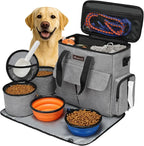 Modoker Weekend Dog Travel Bag Set with 2 Food Bags, 2 Bowls and Mat, Grey | Dog Travel Accessories Organizer for Camping and Road Trips with Roomy Storage, Multiple Pockets and Water-Resistant Oxford
