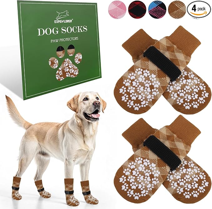 EXPAWLORER Dog Socks to Prevent Licking Paws, Dog Shoes for Hot Pavement, Anti Slip Dog Booties for Hardwood Floors, Dog Boots & Paw Protectors for Small Medium Large Senior Dogs, Khaki M