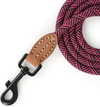 Mile High Life Thin Small Dog Leash with Genuine Leather Connection | Rope Leash, Heavy Duty 360° Swivel Metal Clasp, for Small Medium & Large Dogs (Rose Red, 70 Inch)