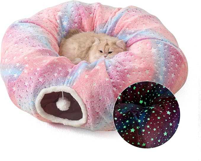 Under Christmas Tree Large Cat Tunnels Bed Tube for Indoor Cats Glows in The Dark Cat Tunnel with Cushion and Plush Ball Toy Longer Playground Toys for Dog Puppy Kitten Rabbit Pet Rainbow