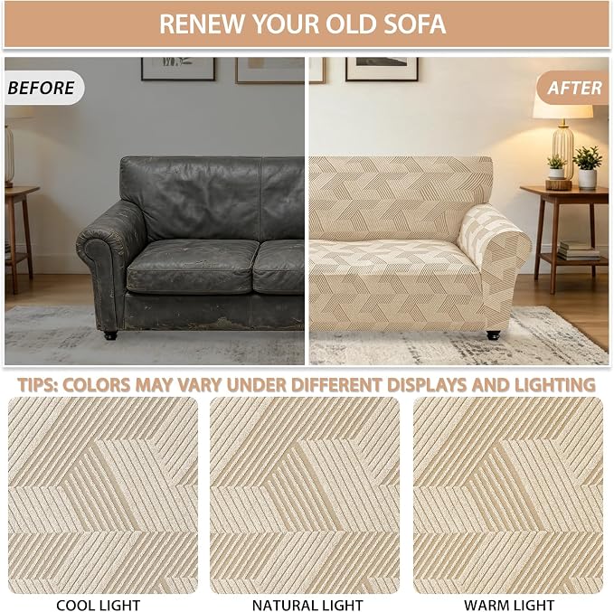 ZNSAYOTX Stretch Oversized Couch Covers for 3 Cushion Couch, 1-Piece Extra Large Sofa Cover Slipcover, Furniture Protector with Elastic Bottom Geometrical Jacquard Fabric (X-Large, Khaki)