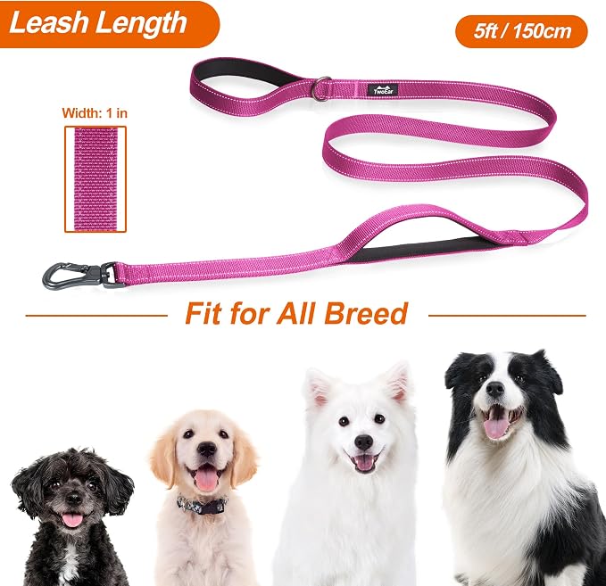 Twoear 6FT 1IN Heavy Duty Dog Leash for Large Dogs with 2 Padded Handles | Traffic Handle Extra Control, Auto Lock Hook, Strong Reflective Walking Leash for Night Safety, Medium and Large Breeds,Rose