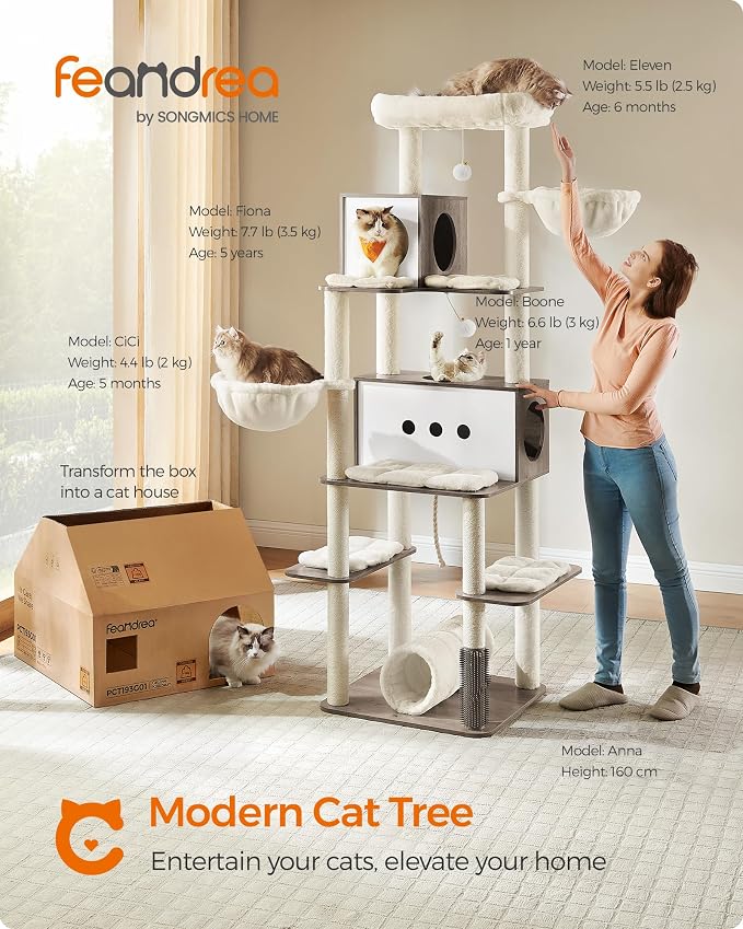 Feandrea Cat Tree, 75.6-Inch Modern Cat Tower, Tall Multi-Level Condo with 2 Caves, 2 Hammocks, 4 Scratching Posts, Self-Groomer, Tunnel, Perch, Heather Greige UPCT193G01