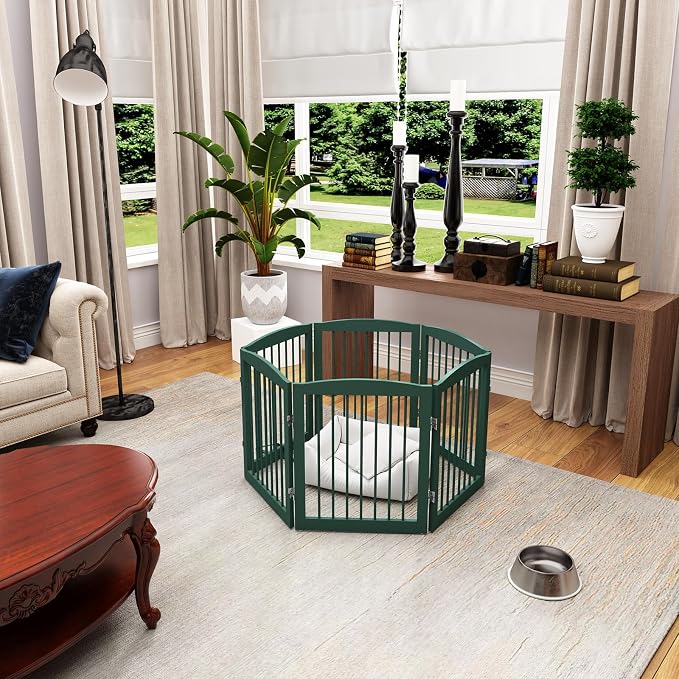 PUPETPO Freestanding Pet Gate for Dogs, Foldable Wooden Dog Gate for House, Extra Wide Indoor Pet Barrier for Stair, Doorway, Hall, Support Feet Included, 120 Inch Wide, 6 Panels 24",Green