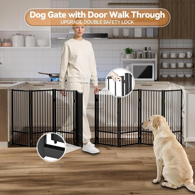 SNUOWU Full Metal Freestanding Dog Gate with Door, 36''Height Foldable Pet Dog Fence for Indoor & Outdoor, 8 Panels Extra Wide Free Standing TallDog Gates for Doorways,House,Stairs,Porch,Deck,Yard