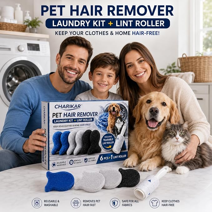 Pet Hair Remover for Laundry, 6 Reusable Laundry Sponges + Tearable Lint Roller, Pet Hair Remover for Clothes, Bedding, Furniture, Sofa, Car Seats, Dog & Cat Hair Remover