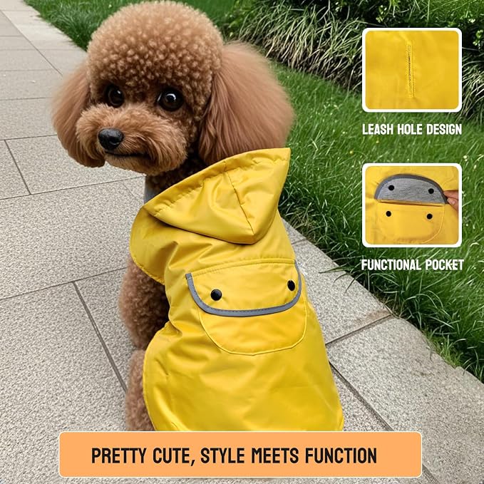Dog Raincoat Dogs Rain Jacket Reflective Waterproof Pet Clothes Lined Poncho Rainwear Pocket Hooded Leash Hole Adjustable for Small Medium Dogs Puppy,Yellow,L,Back Length 12.8 Inch