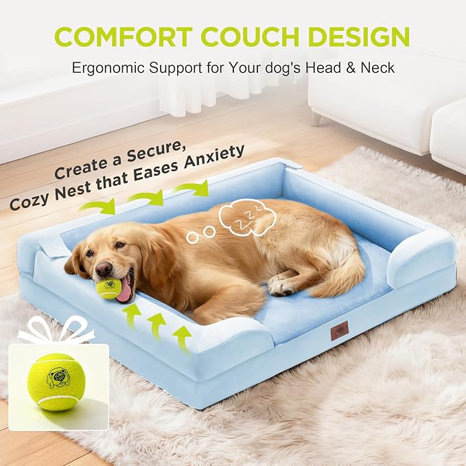 Waterproof Orthopedic Dog Bed for Extra Large Sized Dogs | Memory Foam Pet Bed Sofa with Bolster, Dog Couch with Washable Cover & Non-Slip Bottom, 45x35 Inch, Light Blue