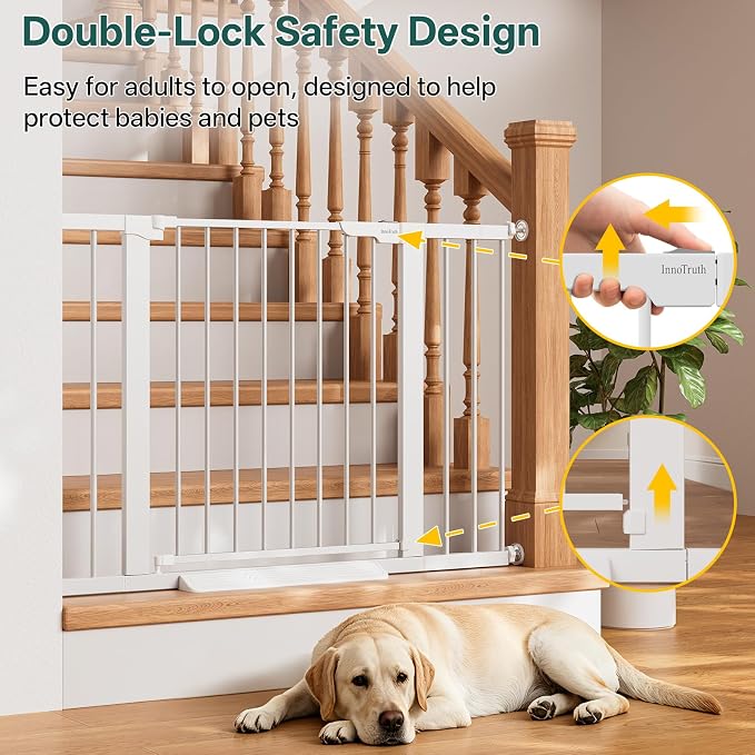 InnoTruth 29.6-44.6 in Wide Baby Gate for Stairs and Doorways, White | Indoor Metal Dog Gate for Pets, Auto Close 2 Way Swing Walk Through Door, Double Lock & Y-Bolts, Pressure or Hardware Mount