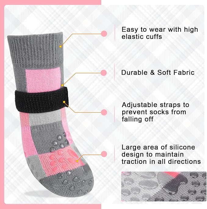 BEAUTYZOO Non Slip Dog Socks to Prevent Licking Paws, Dog Shoes Booties for Hardwood Floors Anti Slip-Thick Grip Works Even When Twisted-Paw Protector for Cold Pavement Small Medium Large Senior Dogs