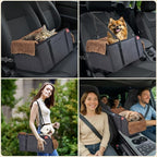 BurgeonNest Center Console Dog Car Seat for Small Pets to 11lbs, Brown | Anti-collapse armrest Console seat with washable fluffy cushion, pillow & tether for stable, cozy pet travel trips.