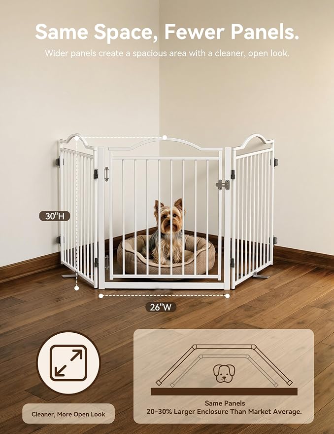 No Pawblems Full Metal Free Standing Dog Gate with Door, 30'' Tall | Foldable Freestanding Pet Gate for Indoor & Outdoor, Up to 78 Inch Extra Wide Dog Fence for Doorways, Stairs, Deck - White