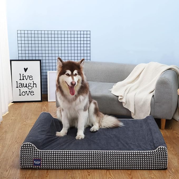 Laifug Orthopedic Dog Beds for Large Dogs,7" Memory Foam Dog Beds,Durable Water Proof Liner Removable and Washable, Nonskid Bottom, Black and White Plaid 50"x36"x10"
